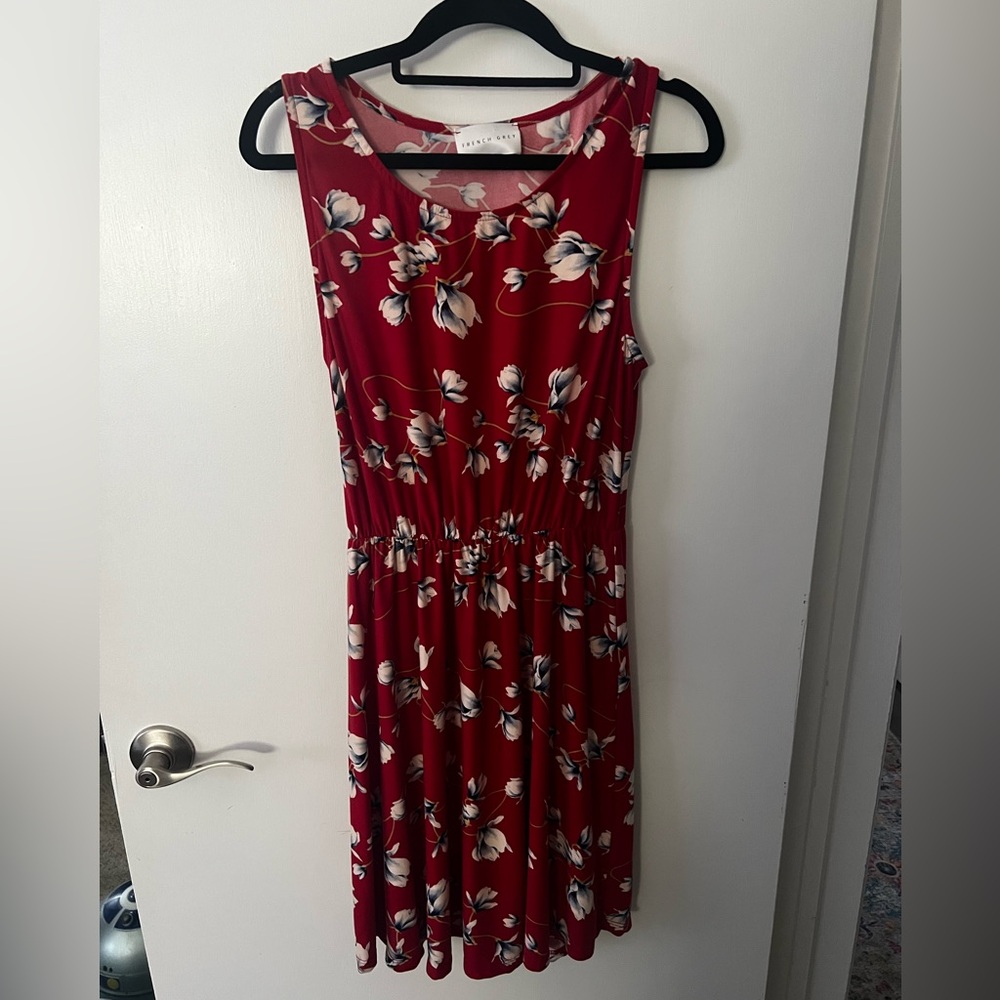 French Grey Red‎ Floral Midi Dress
